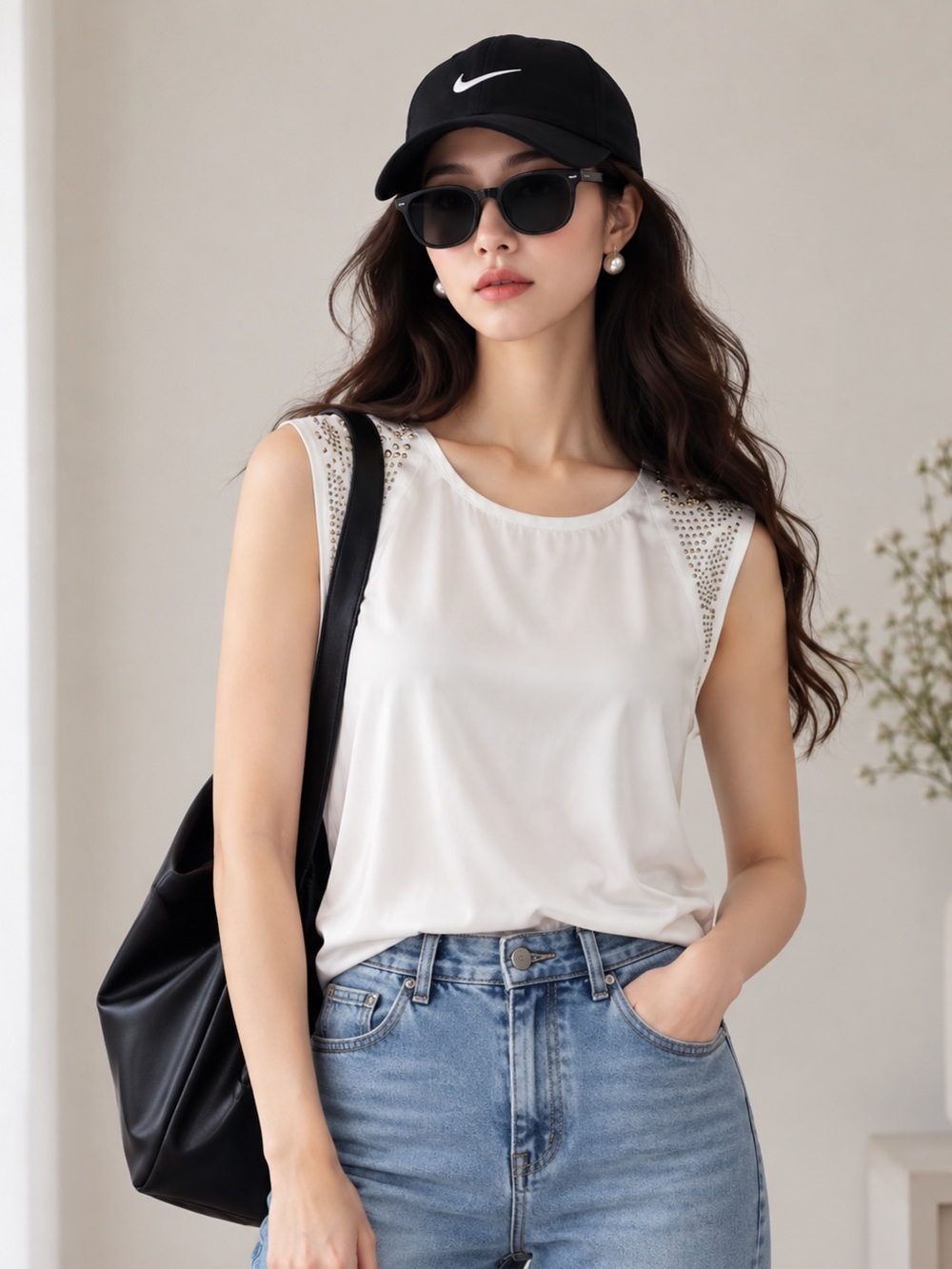 Mango White Sleeveless Top with Gold Stud Detail